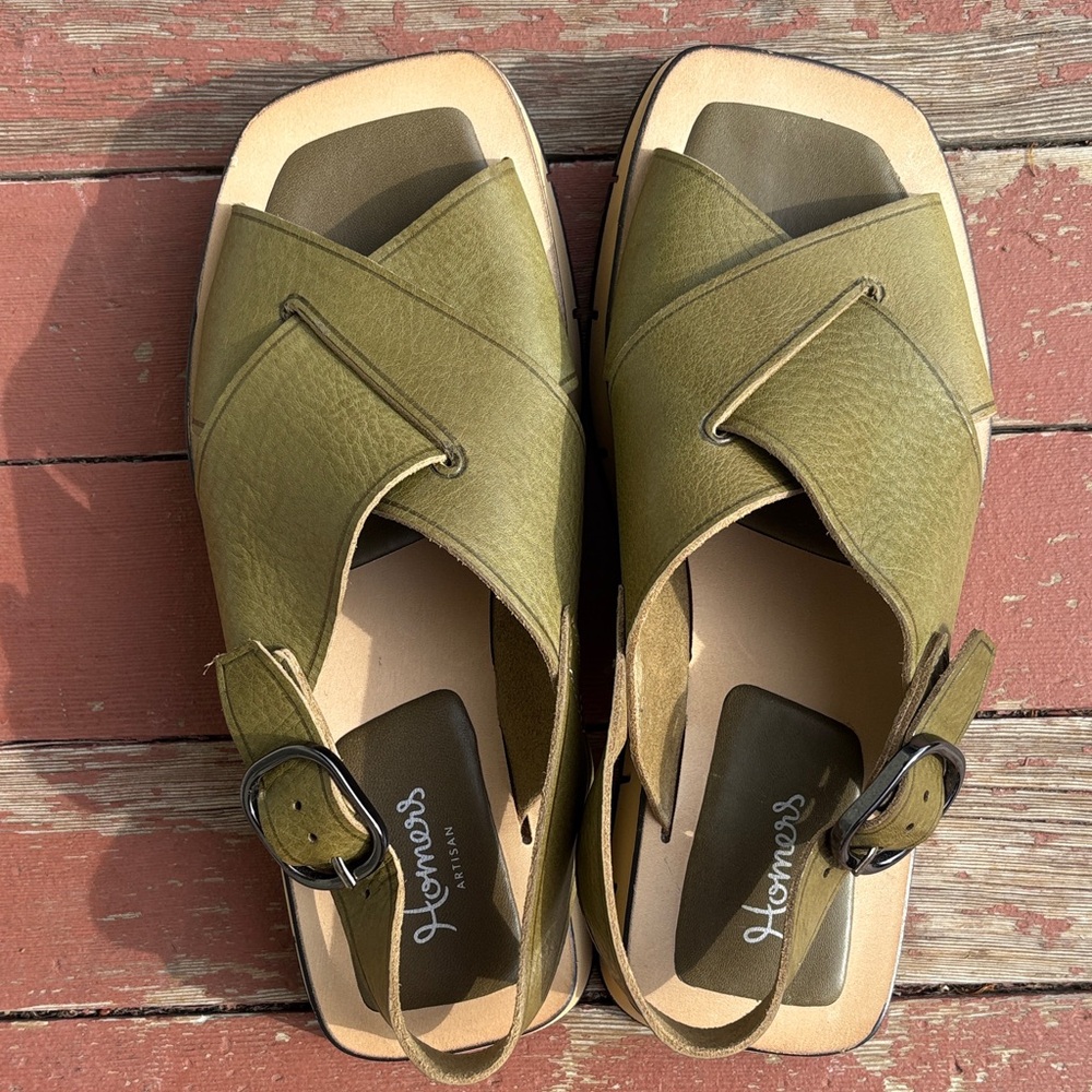 Homers Chunky Olive Green Leather Sandals